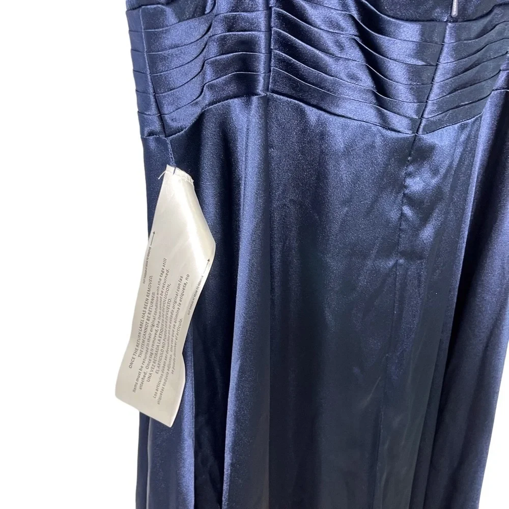 Mac Duggal V Neck Sleeveless Gown Navy Blue Plus Size 20W Leg Slit Pleated Belt - Picture 9 of 11